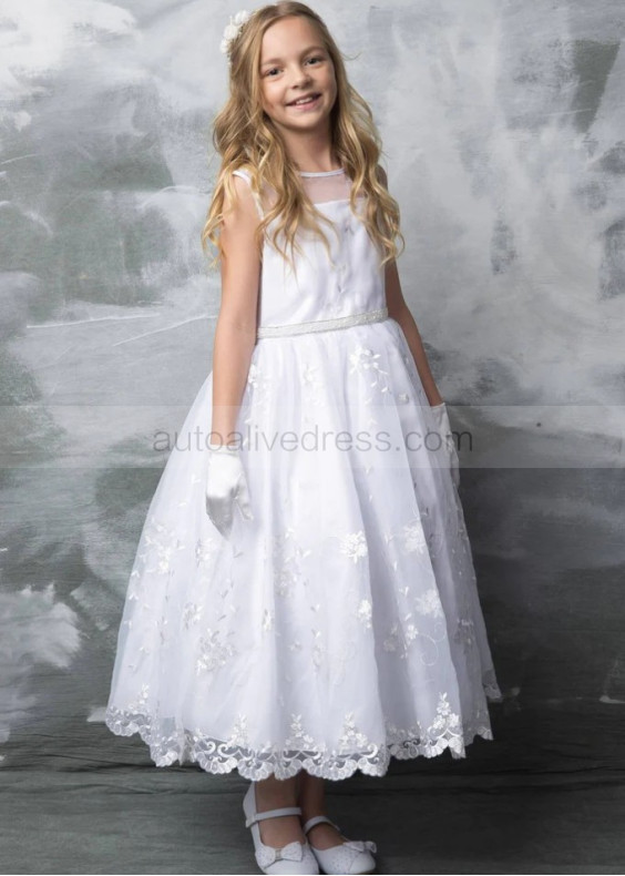 White Embroidered Organza Flower Girl Dress Communion Dress